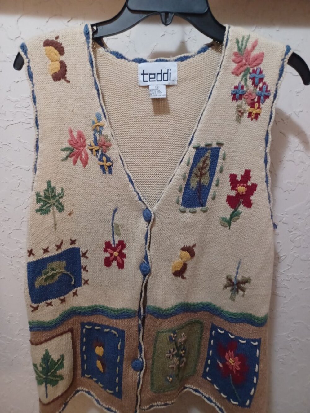 Vintage Teddi Fall Autumn Cardigan Small Cream Embroidered Acorns Leaves
